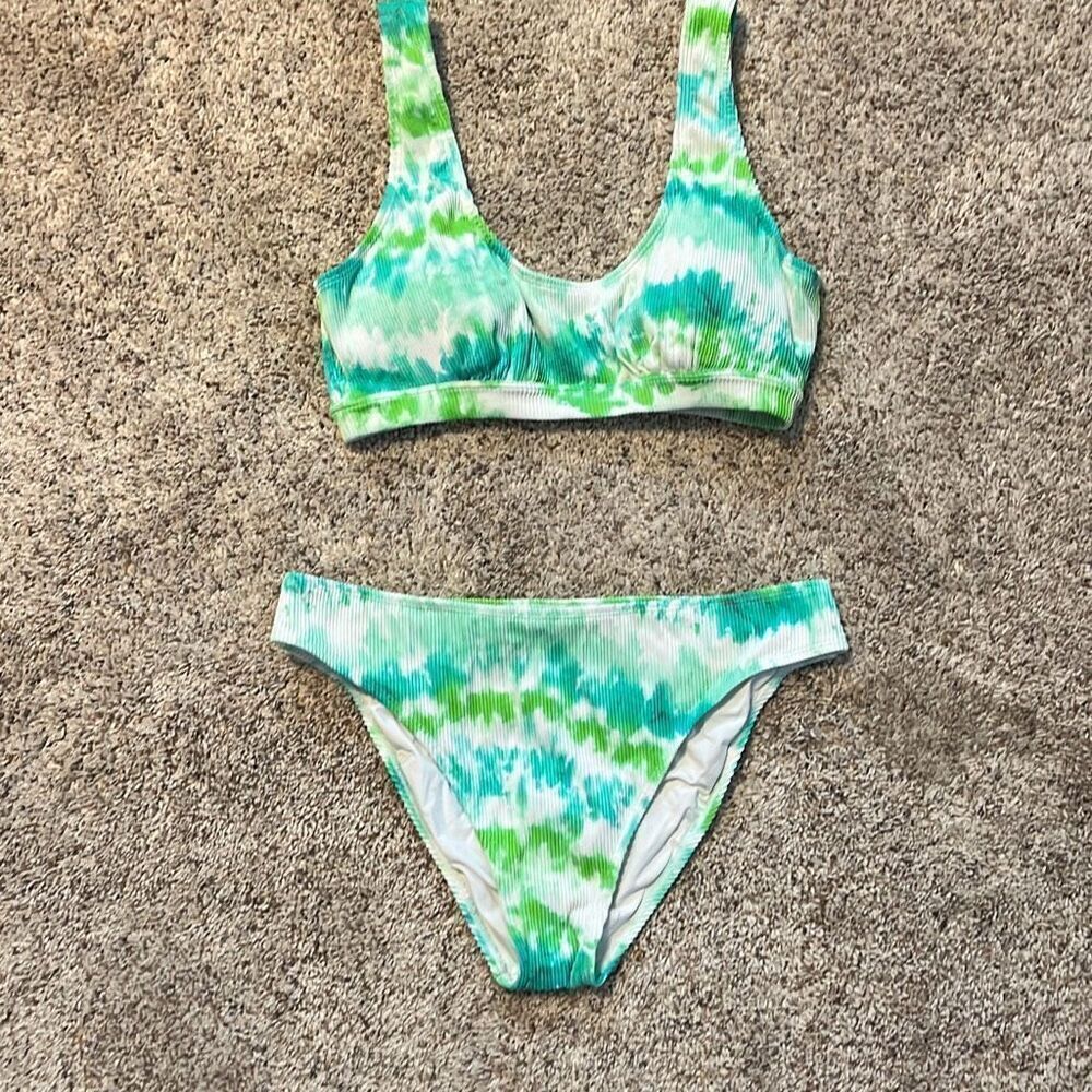 PINK Victoria's Secret Green and Teal Tie-Dye Ribbed Scoop Bikini